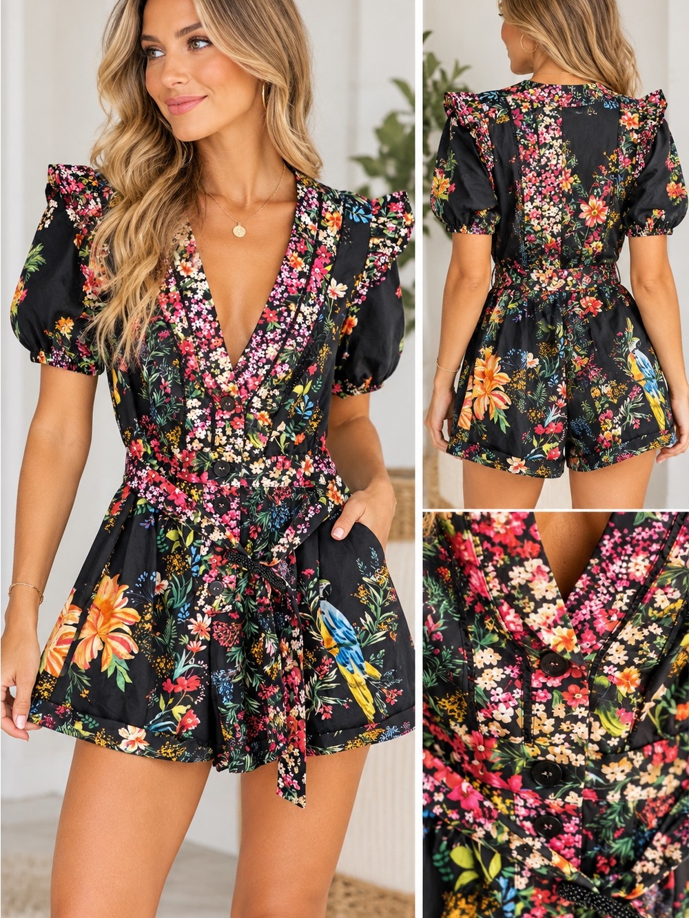 FARM Rio Black Floral Puff Sleeve Belted Romper Size Small NWT